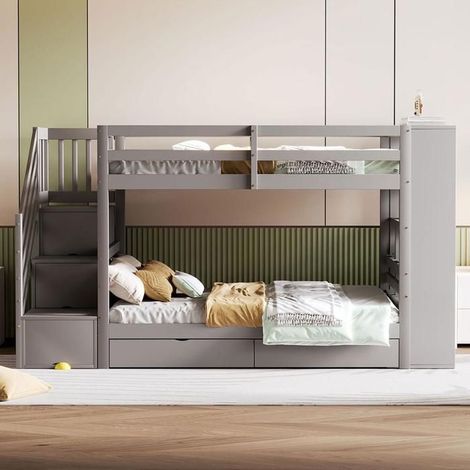 Lit superposé - KOMHTOM - 90x200 cm - Escalier rangement - 2 tiroirs + placard - Bois pin gris (1/5)