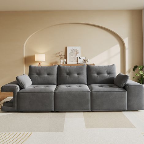 Sofá modular de 3 plazas con almacenaje integrado y nichos para mascotas, terciopelo gris DESVIAE (1/5)