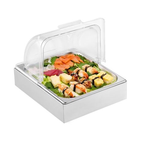 Saladette Réfrigérée à Poser avec 1 Plateau de Service en Acier Inoxydable, Vitrine Réfrigérée Comptoir avec Couvercle Transparent et Bac à Glaçons, pour Buffet Restaurant Hôtel Cuisine Fête (1/3)