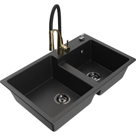 Mexen Tomas lavello in granito a 2 vasche con miscelatore da cucina Aster, nero/argento metallizzato - 6516-73-73450-57-B (1/5)