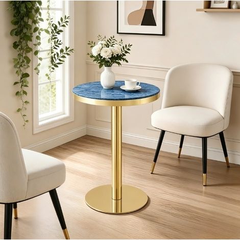 Table d'appoint ronde avec plateau effet marbre et cadre métallique noir et doré, diamètre 60 cm (1/5)