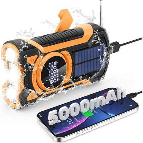Notfallradio mit Handkurbel, 5000 mAh Powerbank, Bluetooth Lautsprecher, Solarpanel, AM/FM Radio, SOS Alarm und Taschenlampe (1/5)