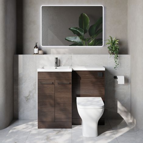 Napoli 390 Brown Oak 1000mm 2 Door Vanity Unit Toilet Suite with Left Hand Square Lucia Basin - 1000mm - Gunmetal Grey 160mm HandleWith Kingston Toilet Pan and Seat