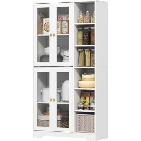 Buffet haut cuisine vaisselier vitrine 4 portes verre trempé fermeture douce, 90x35x172 cm, blanc (1/5)