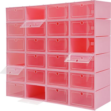 Lot de 24 boîtes de rangement en plastique pour chaussures - 33 x 23 x 14 cm - Avec couvercle à charnière - Couvercle transparent pour trou rond - Rangement de chaussures pour maisons, vestiaires