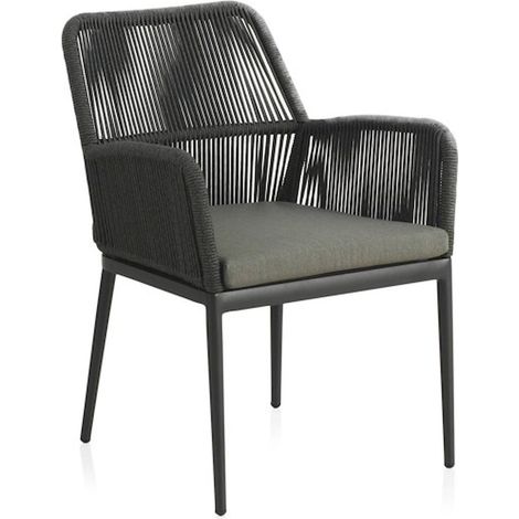x4 Fauteuils en aluminium gris et corde verte avec coussin déhoussable - Gris foncé et vert tressé (1/5)