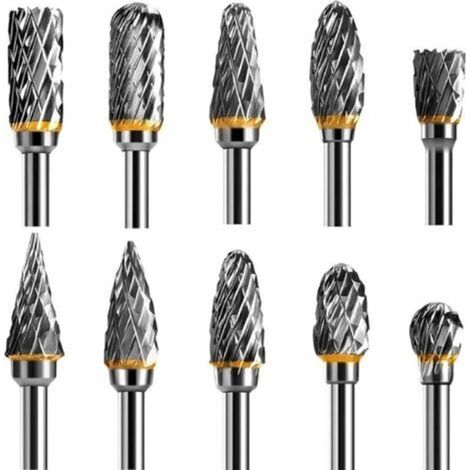 Jeu de Fraises Rotatives Acier Carbure de Tungstène Double Tranchant pour Outil rotatif, 10 pièces Tige 1/8” pour Bricolage, Sculpture sur bois, Polissage métaux, Gravure, Perçage (1/5)