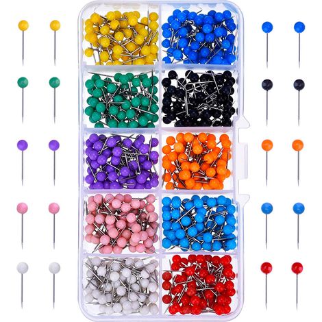 500 épingles à tête ronde en plastique et tige en acier, 3 mm (1/8 pouce), 10 couleurs