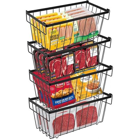 4 Panier Congelateur Coffre,Métal Empilable 37x18,5x15,5 Cm,Noir,Rangement Alimentaire,Coffre (1/5)
