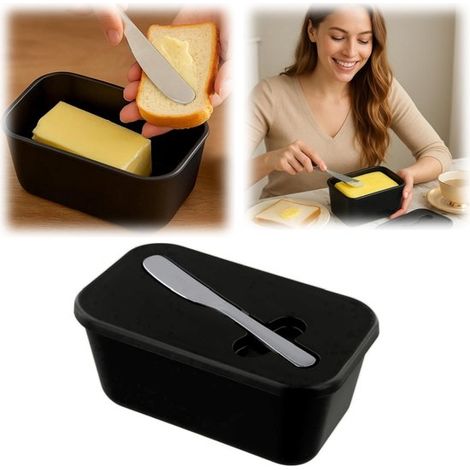 Scatola per burro con coltello, contenitore ermetico per formaggio, insalata, crema, alimenti, 16,7 x 7,4 cm, nero, per burro, biscotti, snack, spezie (1/5)