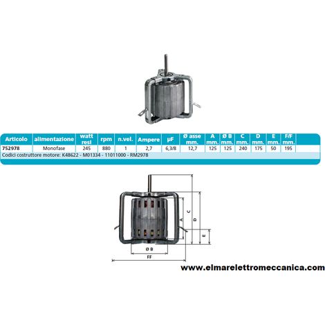752978 245 W 880 GIRI Motore Elettrico Monofase Ventilatore Centrifugo Assiale