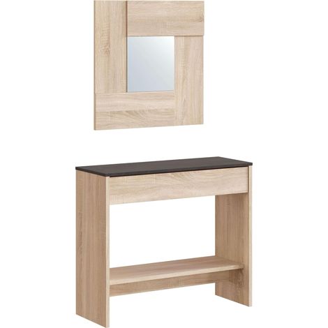 Meuble d'entrée avec tiroir et miroir Couleur chêne canadien et rouille, dimensions : 92 x 79 x 33 cm (l x H x P). (1/5)