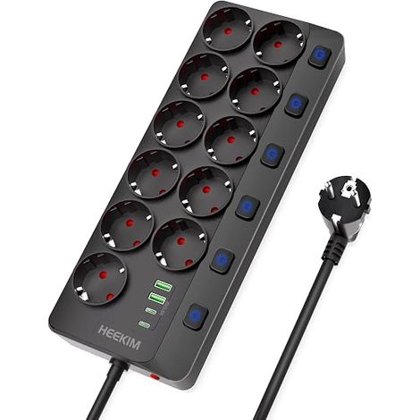 Multiprise, Multiprise Murale 11 Prises avec 2 USB-A et 2 USB-C, 4000W/16A (Noir, 2M) (1/5)