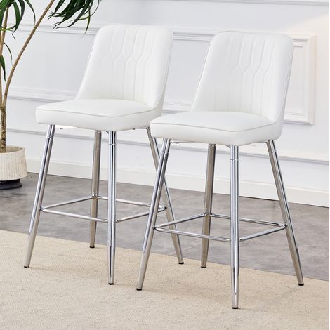 Lot de 2 tabourets de bar, dossier ergonomique, repose pieds, métal et cuir PU blanc et argenté (1/5)