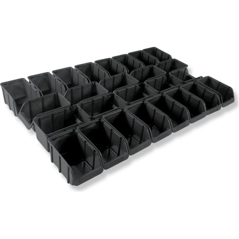 Lot de 26 boîtes de rangement empilables, taille 3, polypropylène (PP) incassable et recyclé, idéal pour les systèmes de rangement et de tri, les étagères, les rayonnages d'atelier, noir (1/2)