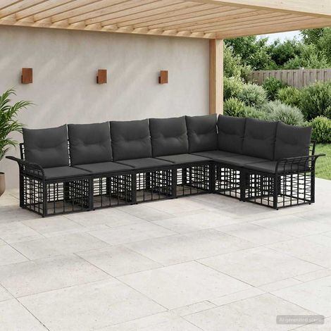vidaXL  Outdoor Sofa Set  7 pcs Black and Dark Grey Poly Rattan