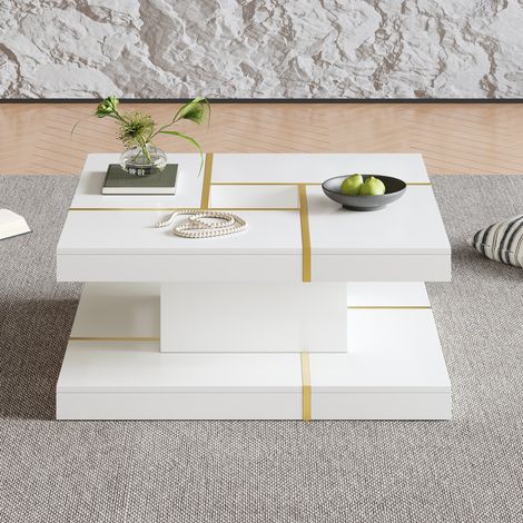 Tavolino da caffè quadrato a 2 livelli in truciolato bianco con finiture dorate 80x80x38 cm (1/5)