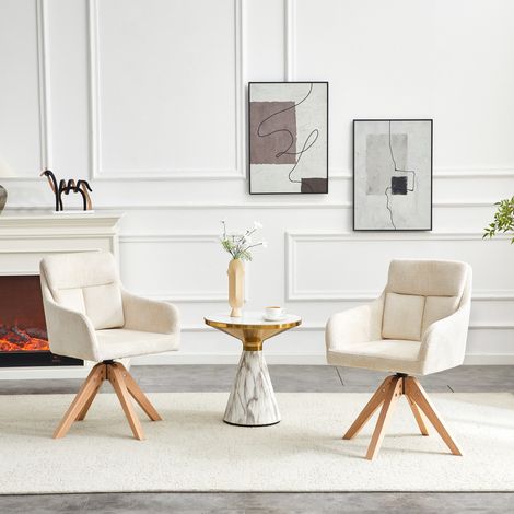 Lot de 2 chaises de salle à manger pivotantes, fauteuil de table avec dossier haut ergonomique, assise velours texturé et pieds, Blanc et Bois (1/5)