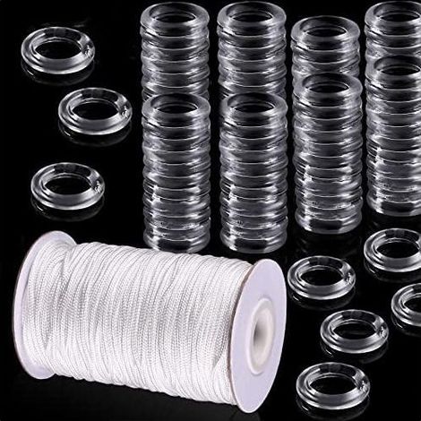 Lot de 100 anneaux de rideaux romains transparents et cordon de store romain de 50 m de 8 à 13 mm avec anneaux en plastique transparent de 1,8 mm Blanc tressé Cordon d'ombrage pour rideaux (1/5)
