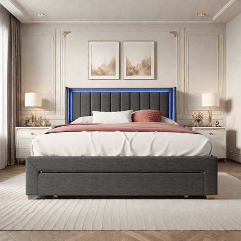 Cama doble 140x200 cm - TANANT - Acolchada - 1 cajón - LED - Puertos USB (1/5)