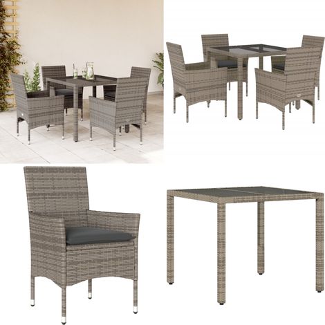 5-tlg. Garten-Essgruppe mit Kissen Grau Poly Rattan und Glas - Gartenmöbel Set - Outdoor Möbel - Esstisch - Gartenstühle - Rattan Gartenmöbel - Home & Living