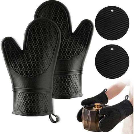 Guantes y tapetes para horno (juego de 4): guantes de silicona resistentes al calor con forro de algodón, aptos para cocinar, hornear y asar a la parrilla. (1/5)