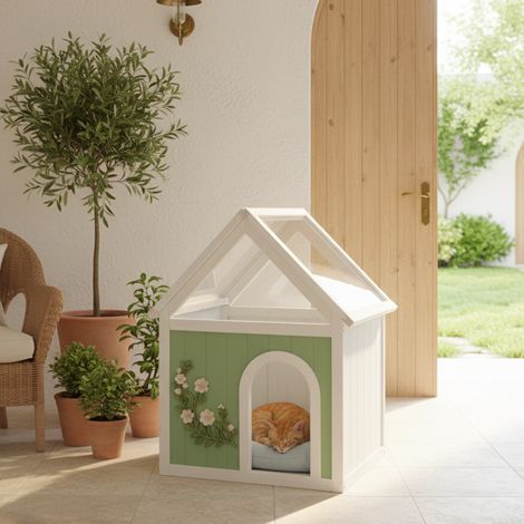 Maison pour chat élégante en bois, mobilier d'intérieur pour animal en bois massif FSC® pour chats & petits chiens, maison pour animal décorative style cottage (1/5)