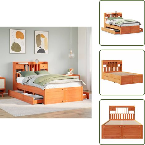 Massivholzbett mit Regal ohne Matratze Wachsbraun 135x190 cm - Bett Mit Regal - Bett Mit Bücherregal - Holzbett Mit Regal - Holzbett Mit Bücherregal (1/5)