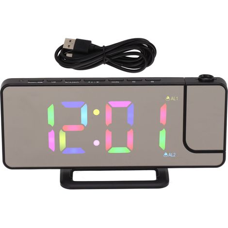Horloge Numérique LED RVB avec Projection Miroir, Écran Large Multifonction, Réveil Électronique Noir (1/5)