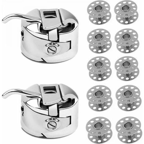 10 Pack Metal Sewing Machine Bobbins + 2 Bobbin Cases - Sewing Machine Accessories, Bobbin with Cover (1/4)