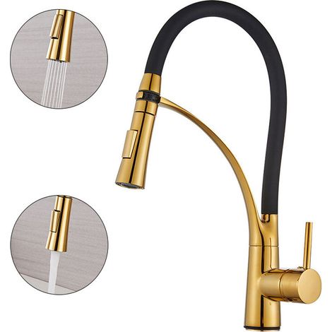 Robinet Cuisine, Mitigeur Cuisine de Flexible Bec Pivotant à 360° et Tuyau en Silicone Noir,avec Douchette Extractible et Pulvérisateur Double Fonction, Froid & Chaud Disponible or (avec tuyau de sort (1/5)