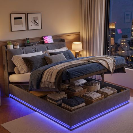 Letto contenitore 140x200 cm con rete a doghe per adulti letto matrimoniale in velluto grigio con led multicolore porte usb tipo-c e tasca portaoggetti laterale (1/5)