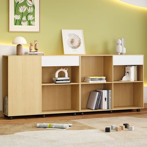 Armoires, armoires de rangement, avec étagères, compartiments ouverts, armoires creuses, 2 armoires avec roulettes en bas, librement combinables, MDF + panneaux de particules, blanc + couleur chêne cl (1/5)