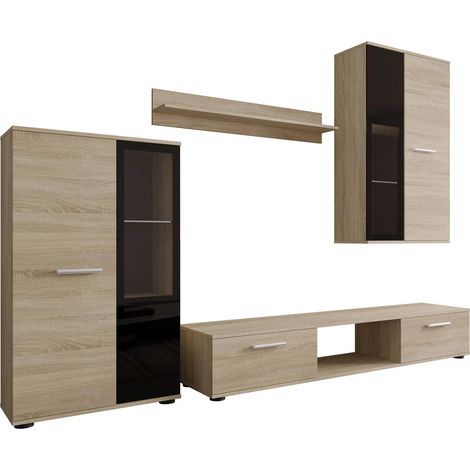 Mobilier1 – Ensemble de meubles de salon – Chêne Sonoma – Table de TV incluse – Finition stratifiée et verre – Dimensions 1800 x 400 mm