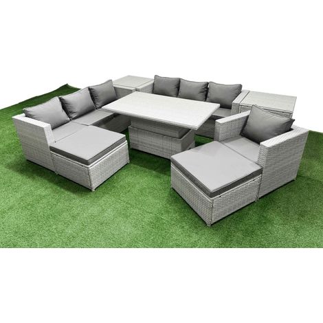 Fimous 7 PCs Rising Dining Table Set Rattan Furniture Set with 3 Seater Sofa Chair 2 Big Footstool 2 Side Tables Light Grey (1/5)