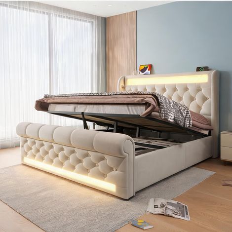 Cadre de lit beige en velours 220 x 146 x 110 cm (1/5)