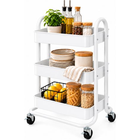Carrello da Cucina 3 Ripiani con Ruote e 3 Cesti Portaoggetti46x40x84cm Bianco (1/5)