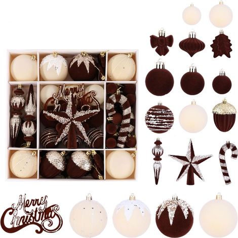 Lot de 68 boules de Noël (rouge bordeaux et blanc cassé) – Décorations à suspendre en peluche rouge et finition peinte (1/3)