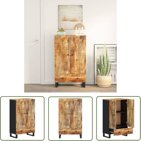The Living Store Buffet haut avec tiroir 60x33x100cm bois massif manguier et fer - Buffet Industriel - Meuble Rangement - Bois Massif - Manguier - Commode (1/5)