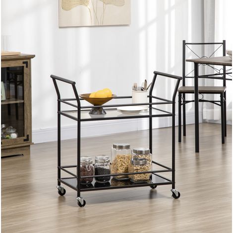 Küchenwagen 75x40x80 cm schwarz aus Stahl mit 2 Glasablagen, Rollen und Bremsen (1/5)