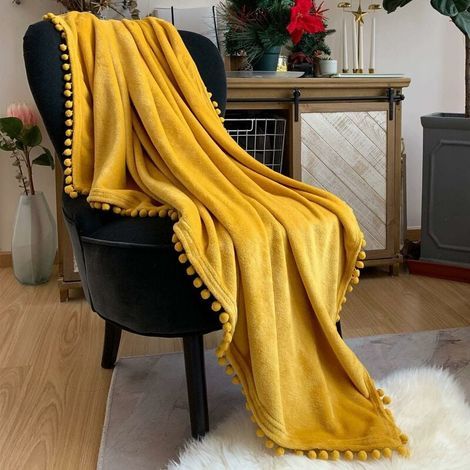 Couverture Flanelle Pompon Douce Sieste Lit Canapé Toutes Saisons Jaune Moutarde 150x200 cm (1/4)