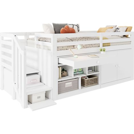 Lit enfant 90x200 avec escalier réversible, rangements intégrés et tiroirs convertibles en bureau, en bois blanc, sans matelas, pour chambre pratique - CHICFURN (1/5)