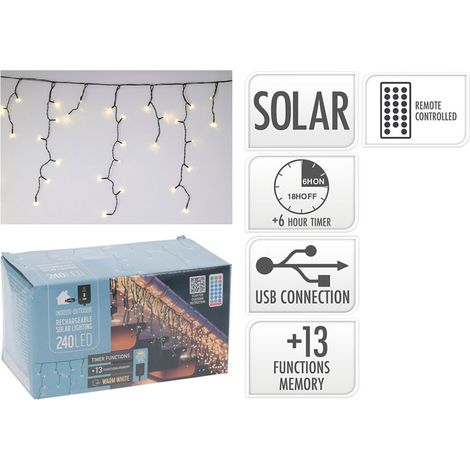 Wiederaufladbarer Solar-LED-Vorhang, 240 LEDs, 13 Funktionen, blinkend, warmweiß, 5,6 m (1/2)