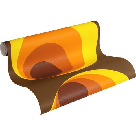 papier peint intissé avec motif rétro années 70 en orange, marron, jaune – papier peint design vintage 10,05 m x 0,53 m – 701312 (1/5)