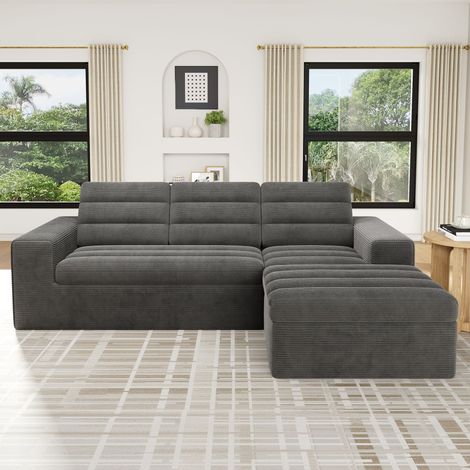 Canapé d'angle en L modulable, style nuage sans armature, sectionnel gris anthracite en velours côtelé, combinable librement, parfait pour salon ou studio, sans montage nécessaire. (1/5)