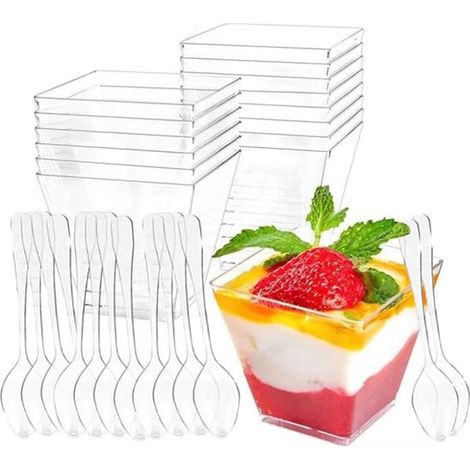 Juego de 15 vasos para postre, Vasos de plástico para postre, Con 15 cucharas, Diseño transparente, pudín, gelatina, helado, Transparente (1/5)