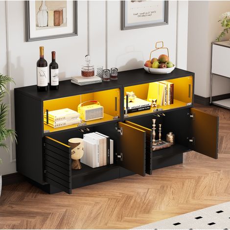 Sideboard 130x35x68 cm con ante scorrevoli in vetro, illuminazione LED, ampio spazio, truciolare, nero (1/5)