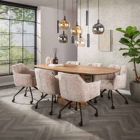 Table repas 215 cm en manguier + 6 fauteuils à roulettes tissu sable (1/5)