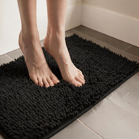 Tapis de bain en chenille antidérapant, ultra doux et très absorbant, lavable, tapis de douche pour salle de bain, WC, salon, chambre à coucher, 80 x 50 cm, noir (1/5)