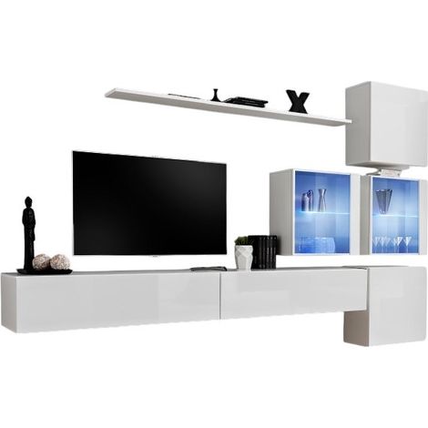 Composizione murale SWITCH XIX – Doppio mobile TV, cubi, cubi vetrati LED e scaffale – Bianco lucido (1/2)